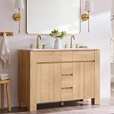 T4TREAM 47.6 Inch Modern Bathroom Vanity with Double Sink, Natural Oak | Integrated Resin Sink, 4 Soft-Close Doors &amp; 3 Drawers, Handle-Free Design, Thick Heavy-Duty Legs, Oak Wood Grain Finish
