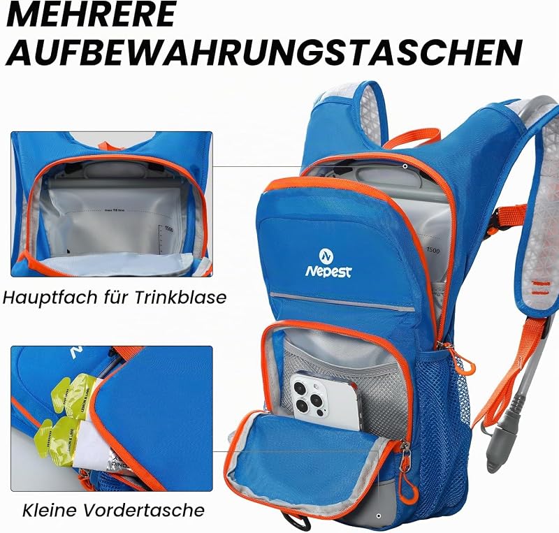 Trinkrucksack Kinder mit 1,5L Wasserblase, Atmungsaktiv, Blau