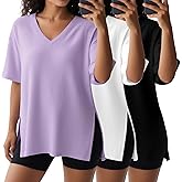 Huukeay 3 Pack Oversized T Shirts for Women V Neck Side Slit Tees Loose Fit Waffle Knit Workout Baggy Short Sleeve Tops