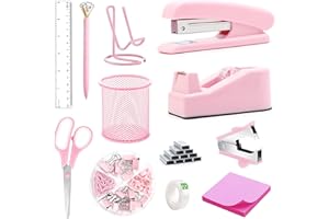 FAMASSI Pink Office Supplies, Pink Desk Accessories, Stapler, Staple Remover, Tape Holder, Pen Holder, Ballpoint Pen, Scissor, Binder Clips, 1000pcs Staples, Phone Holder, Ruler, Transparent Glue and Notes