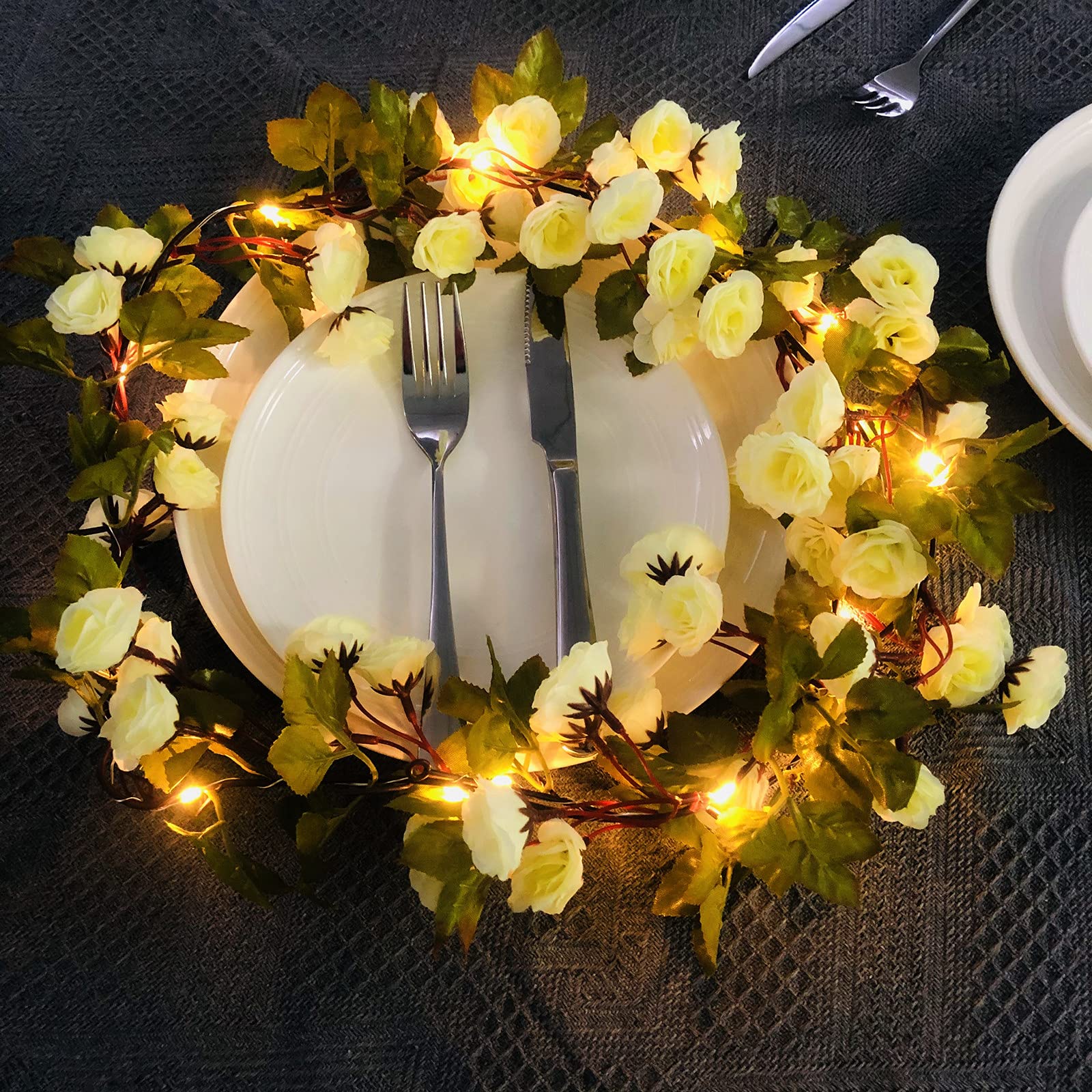 20 LED Rose Flower Leaf Garland String Lights Battery Operated Romantic Fairy Lights for Valentine's Day, Wedding, Birthday Indoor Outdoor Decorations (White Small Flower, 2.3m/20led)