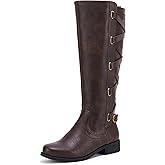 Coutgo Womens Lace Up Knee High Boots Motorcycle Riding Flat Low Heels Strappy Winter Combat Boots