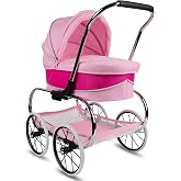 Valco Baby Classic Bassinet Doll Stroller - Hot Pink, Luxury Vintage-Style Pram, Removable Bassinet, Handcrafted Wheels, Ideal Gift for Kids Ages 3+