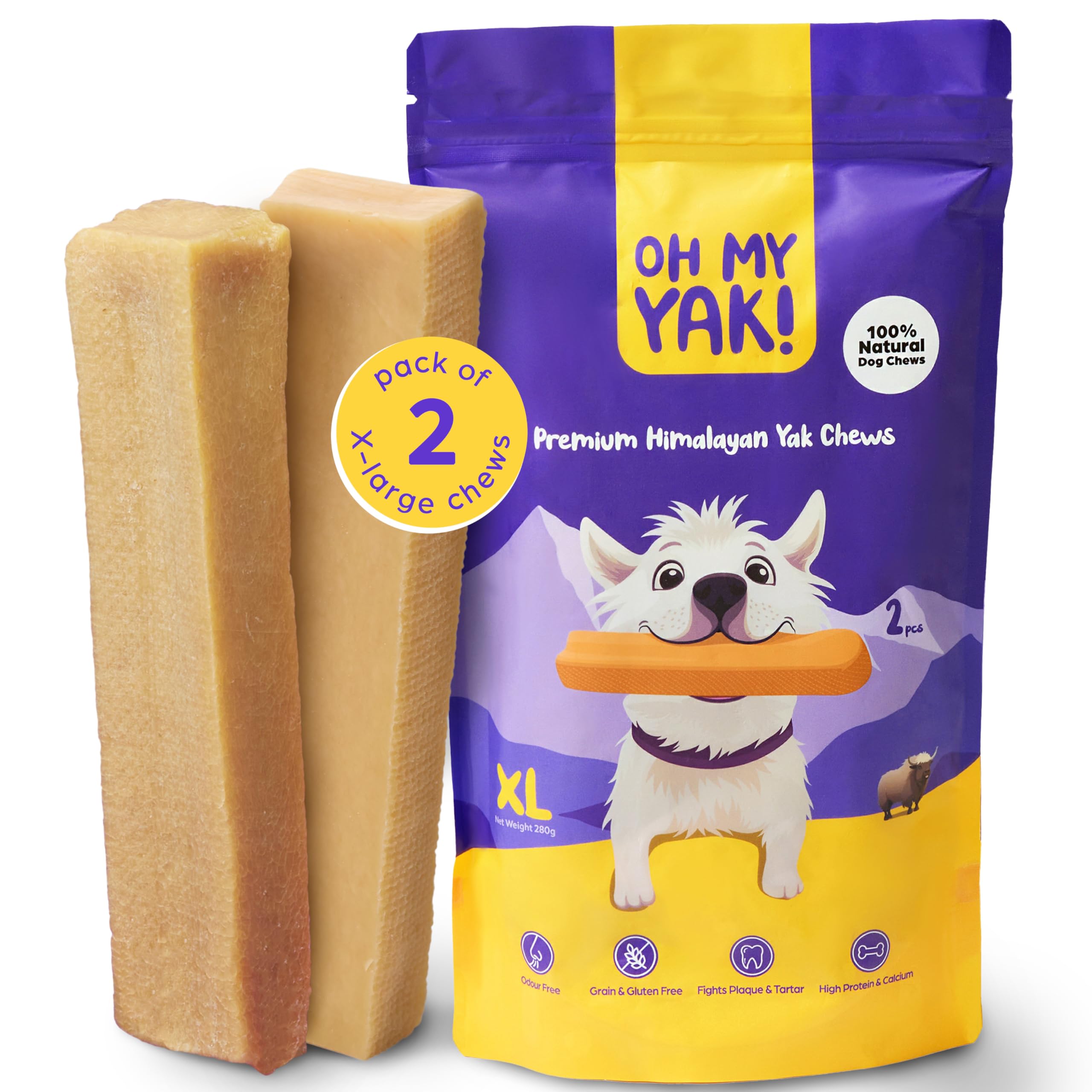 Oh My Yak Premium Yak Chews for Dogs Large XL (Pack of 2) 280g, Long Lasting Natural Treat, Milk Dental sticks, Natural Chews, Long Lasting Yak Milk Dog Chew, Large Dog Chews