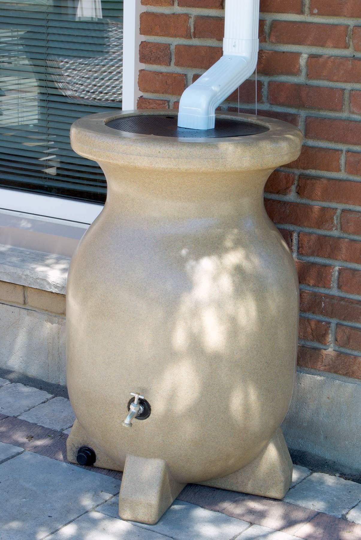Kyoto 55 Gallon Sand-Stone-Look Rain Barrel UV Resistant Container with Drainage