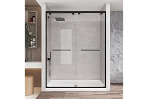KPUY Glass Shower Door, 56-60" W x 76" H Semi-Frameless Sliding Shower Door, 1/4" (6mm) Thick Tempered Clear Glass with Explosion-Proof Film Nano Coating, Matte Black