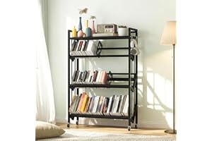 foriy Book Carts 4 Tier 46.5x35.5x10 in Rolling Book Cart Large Capacity Bookshelf Storage Rack Mobile Book Storage with Wheels Cart for Home Office Living Room Classroom (Black)