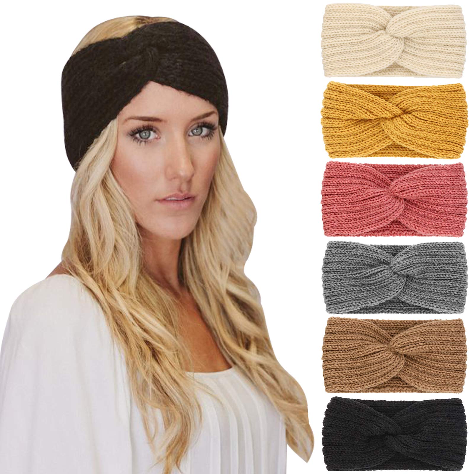 DRESHOW 6 Pack Crochet Ear Warmer Headband Soft knit Turban Stretch Headbands Warmer for Women Winter