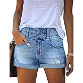 luvamia Women's Ripped High Waisted Denim Shorts Stretchy Cuffed Hem Jean Shorts