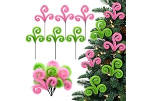 Knomeko Pink Christmas Tree Picks, 6Pcs Pink and Green Christmas Decor Furry Tree Filler Branches,Spiral Curly Elf Christmas Tree Decorations Indoor Wreath Holiday Party Decor