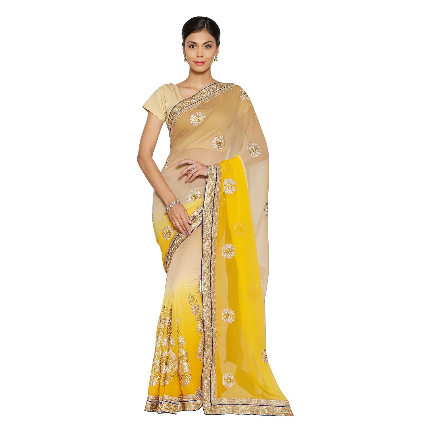 florence chiffon saree with blouse piece (fl-12159_yellow_free size)