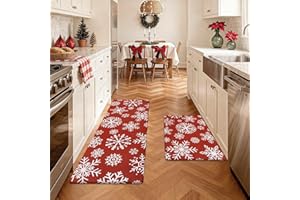 SHACOS Christmas Kitchen Rugs Set of 2 Anti-Fatigue Kitchen Mats Cushioned Red Christmas Kitchen Rugs White Snow Farmhouse Ki