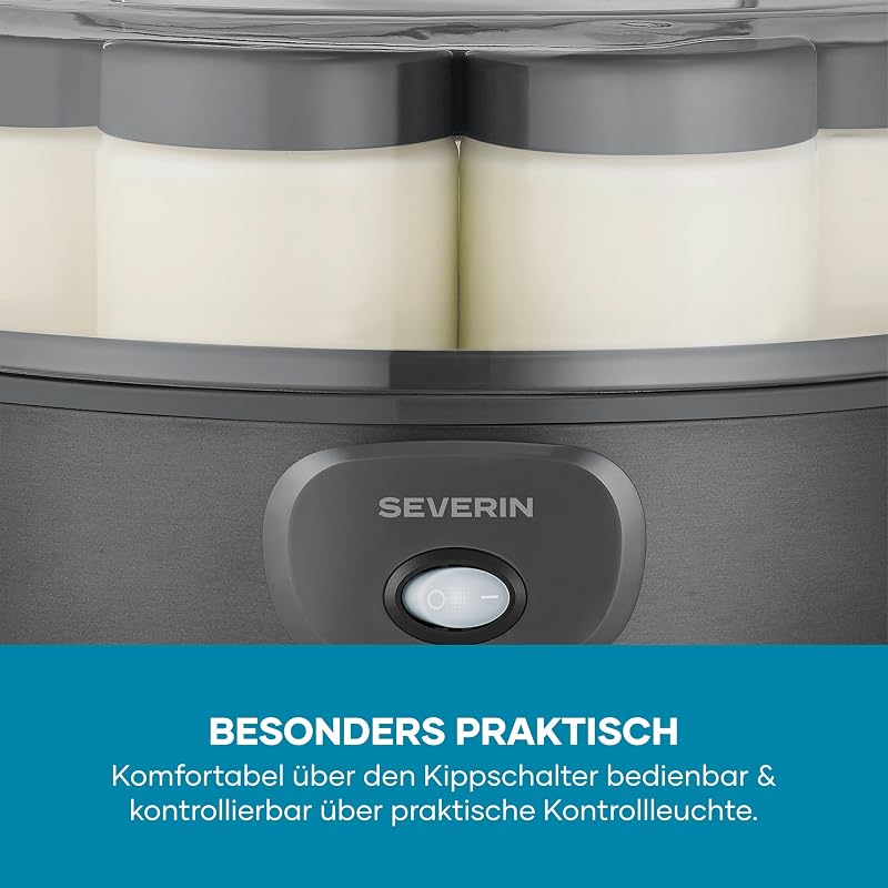 Joghurtbereiter, griechischer Art, inkl. 7 Joghurtgläser á 150ml für 1L selbstgemachten Joghurt, transparenter Deckel, Joghurt-Maschine für zuhause, Kippschalter, 18W, dark inox, JG 3510