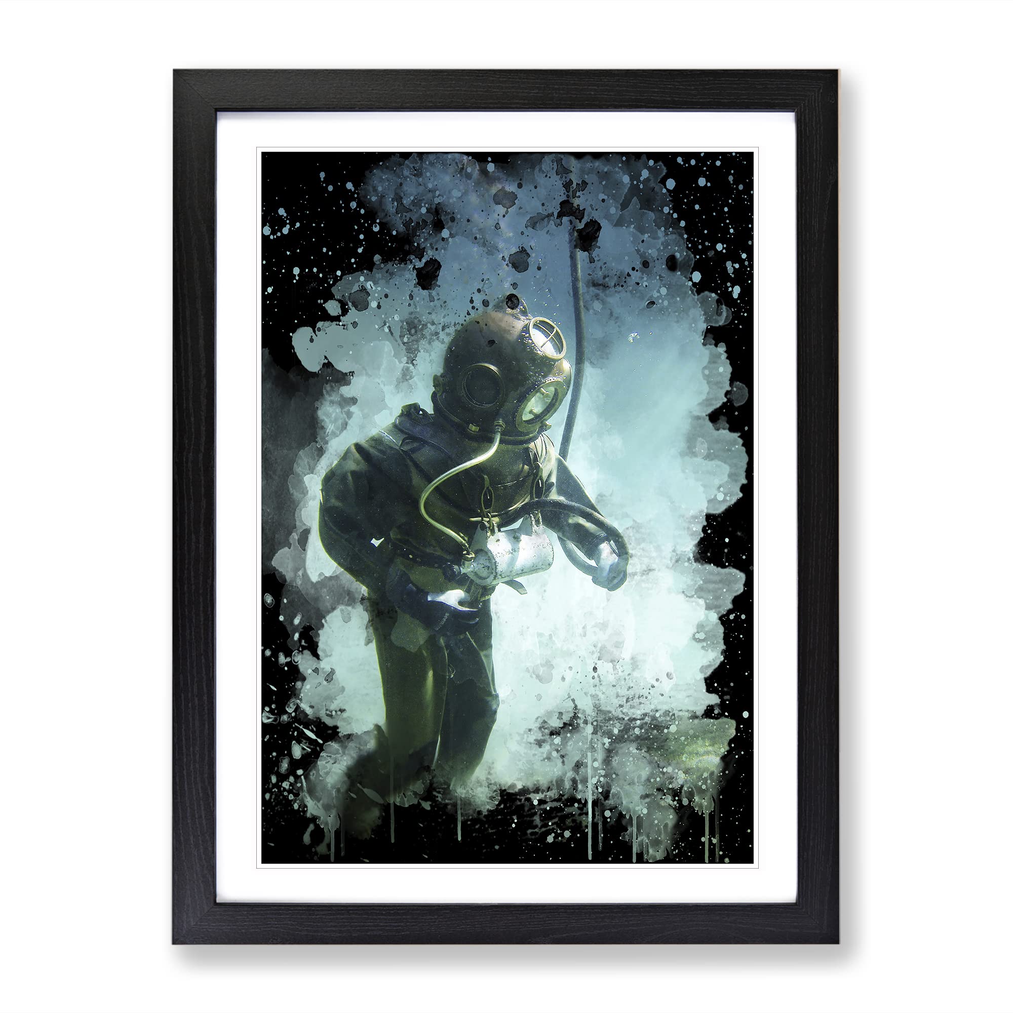 Vintage Scuba Diving Modern Cb Framed Wall Art Print, Ready to Hang Picture for Living Room Bedroom Home Office Décor, Black A4 (34 x 25 cm)