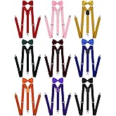 Eurzom 9 Pcs Adjustable Elastic Y Back Style Suspenders Fun Bow Ties for Men with Metal Clips 1 Inch Wide Y Shape Suspenders for Men and Women, 9 Colors