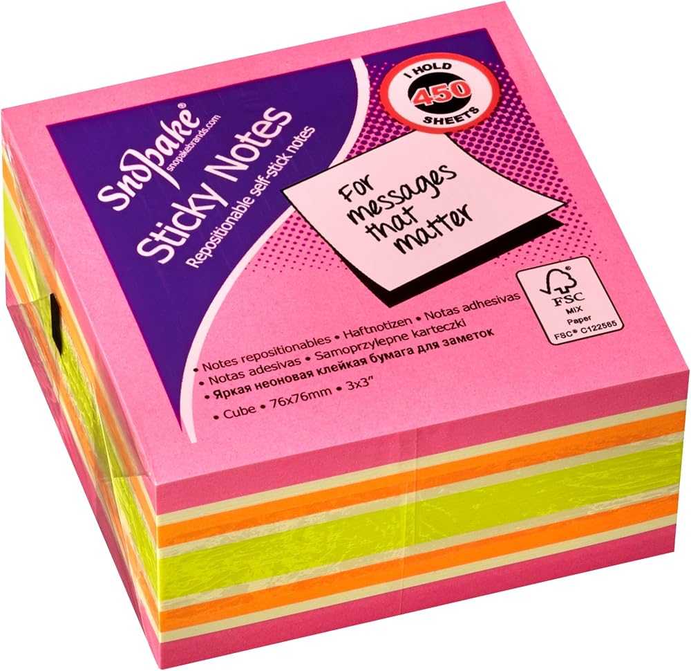 Snopake Rainbow NeonMix Sticky Notes Cube 450 Sheets 76 x 76 mm Pink