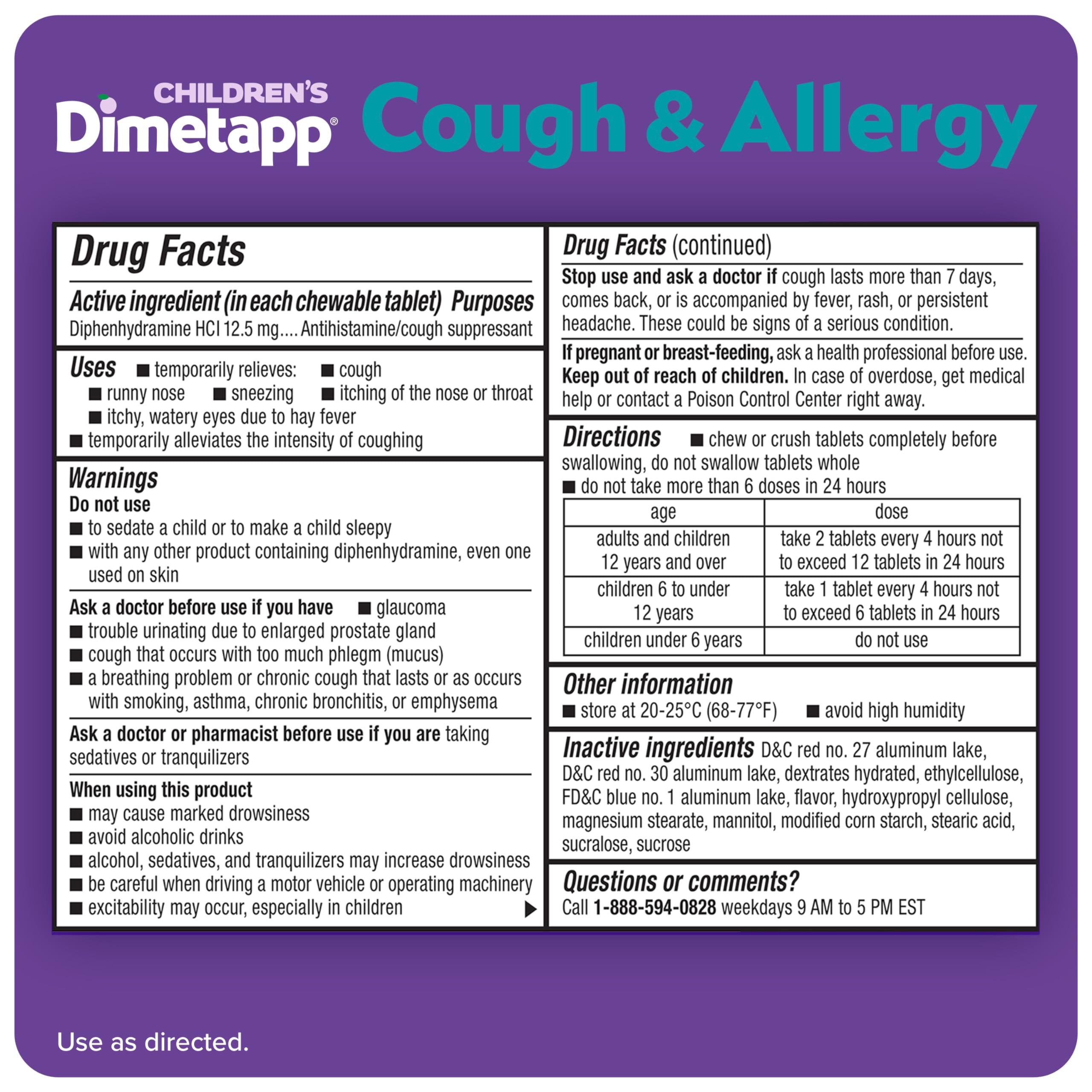 Children’s Dimetapp Fast-Acting Chewable Cough & Allergy Medicine, Antihistamine, Cough Suppressant, Grape Flavor, Relieves Cough, Itchy Throat, Sneezing & Runny Nose, 24 Chewable Tablets