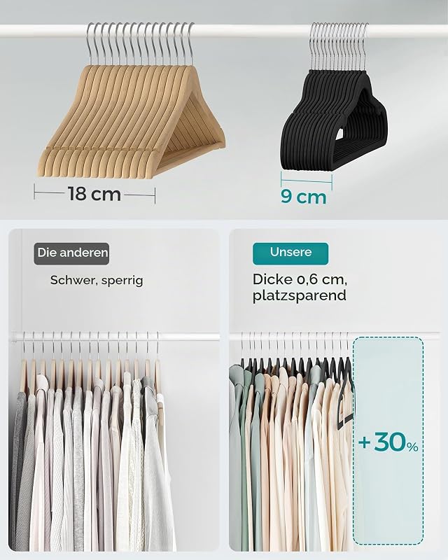 Kleiderbügel Samt, 20er Set, 41,5 cm breit, dünn, gut belastbar