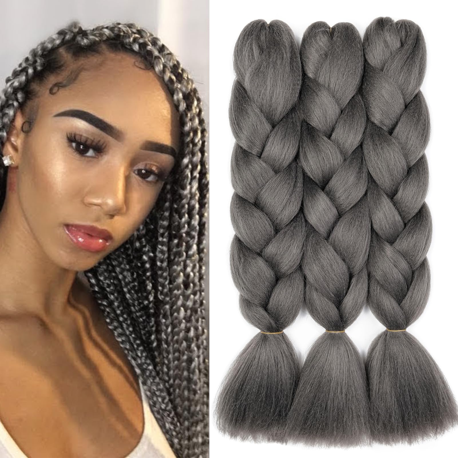 Dcbaboo Braids Extensions Synthetic Hair for Braiding 3 Pack 24 Inch Ombre Jumbo Braiding Hair Kanekalon Hair Extensions Braids Afro Crochet Box Braids Hair for Braids 300 g, Dark Grey — image 1