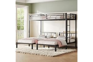 LINKHOO Twin Triple Bunk Bed, Heavy Duty Metal Bunk Bed with Guardrails, Ladder, Detachable Into 3 Twin Beds for Kids, Teens and Adults, Space-Saving Design, No Box Spring Needed, Black