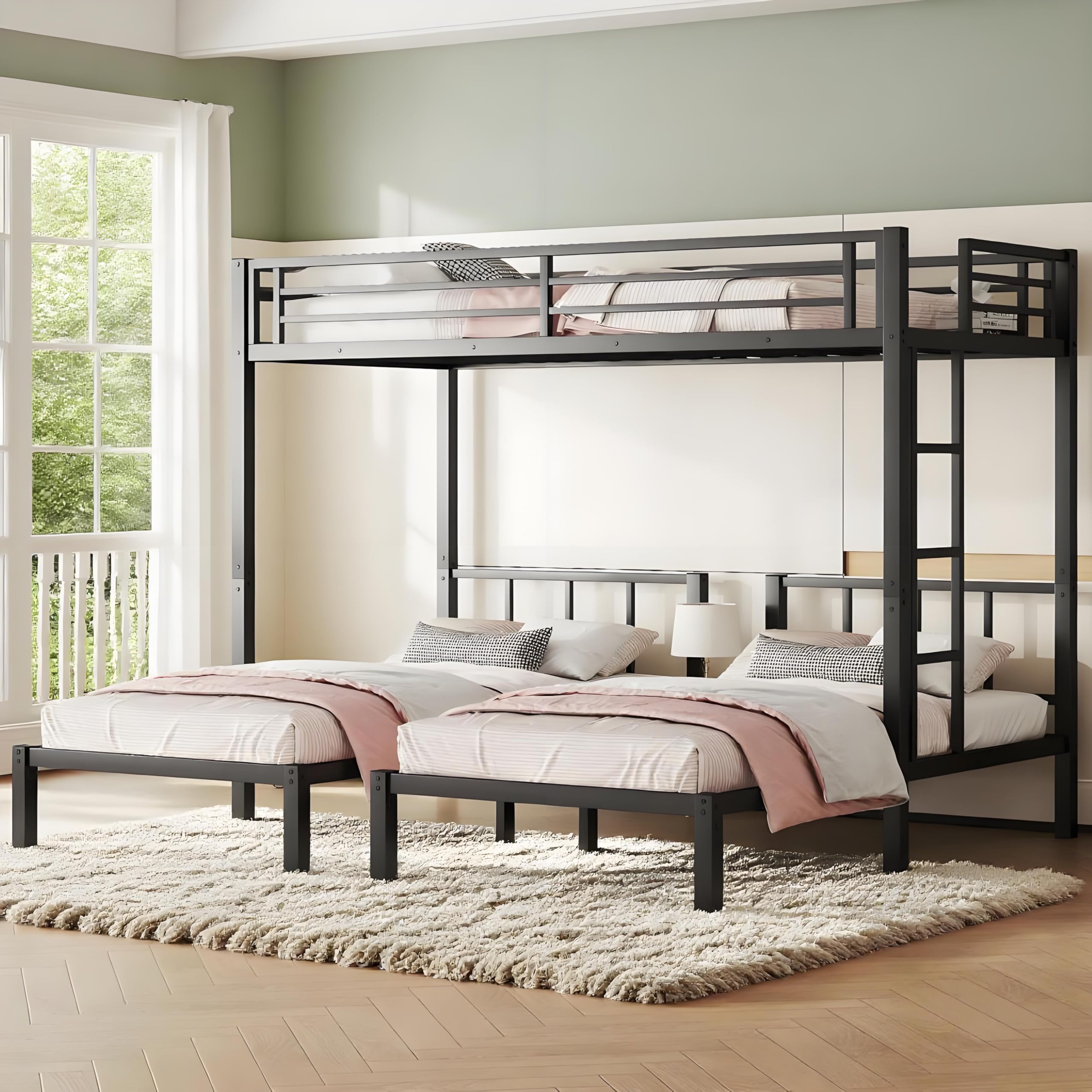 Photo 1 of ****PARTIAL SET****LINKHOO Twin Triple Bunk Bed, Heavy Duty Metal Bunk Bed with Guardrails, Ladder, Detachable Into 3 Twin Beds for Kids, Teens and Adults, Space-Saving Design, No Box Spring Needed, Black