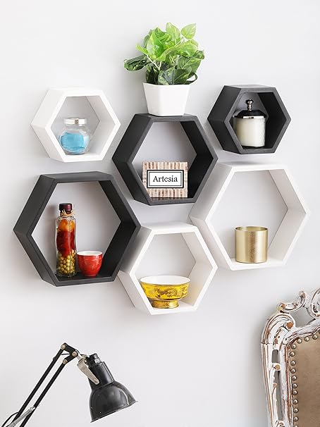 Artesia Decorative MDF Black & White Hexagon Shape Wall Shelf Set Of 6