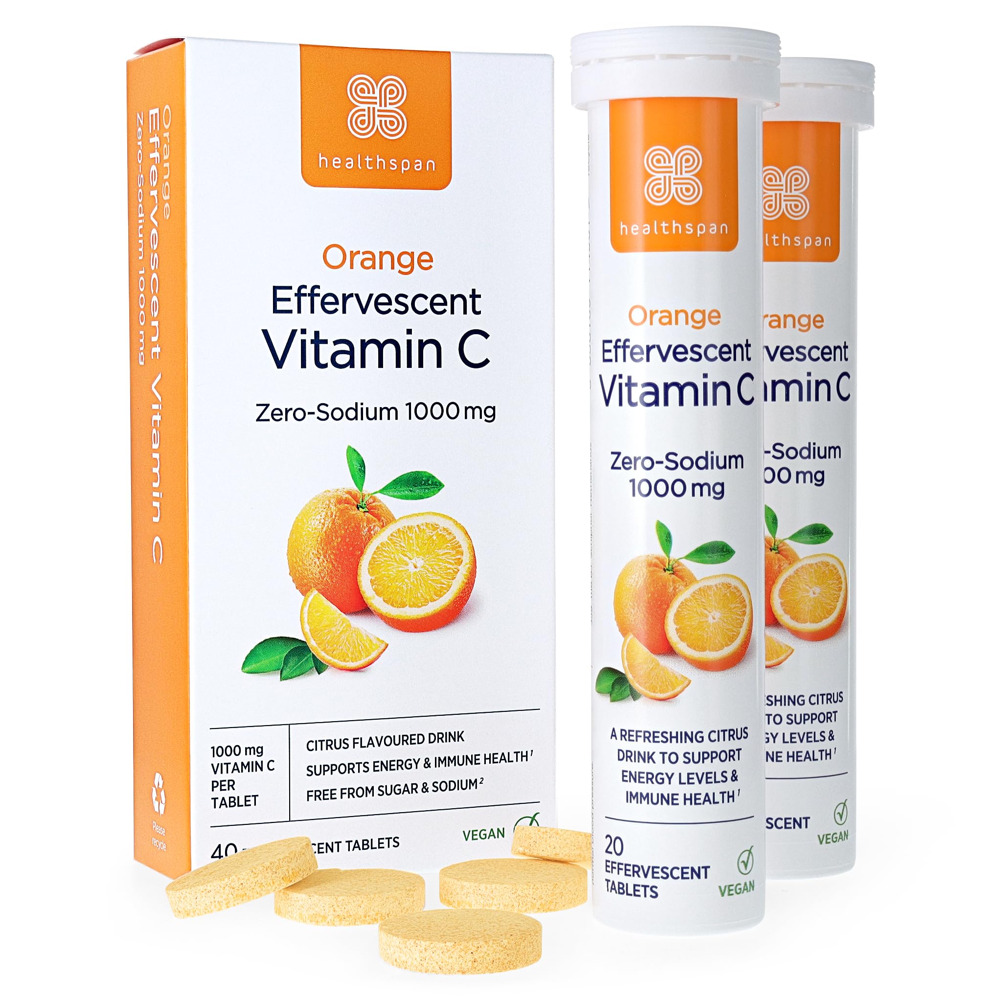 Healthspan Orange Effervescent Vitamin C 1,000mg (40 Tablets) | Supports Immune & Nervous Systems | Maintain Good Energy Levels | Zero-Sodium to Help Maintain Normal Blood Pressure | Vegan
