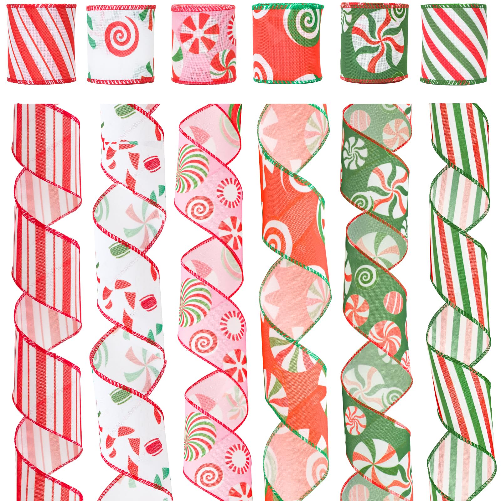 KINGLAKE 30 Yards Christmas Wired Ribbon for Wreath Bows Making, 2.5 Inch Red Green Candy Cane & Striped Ribbon for Gift Wrapping & Xmas Tree Decorations
