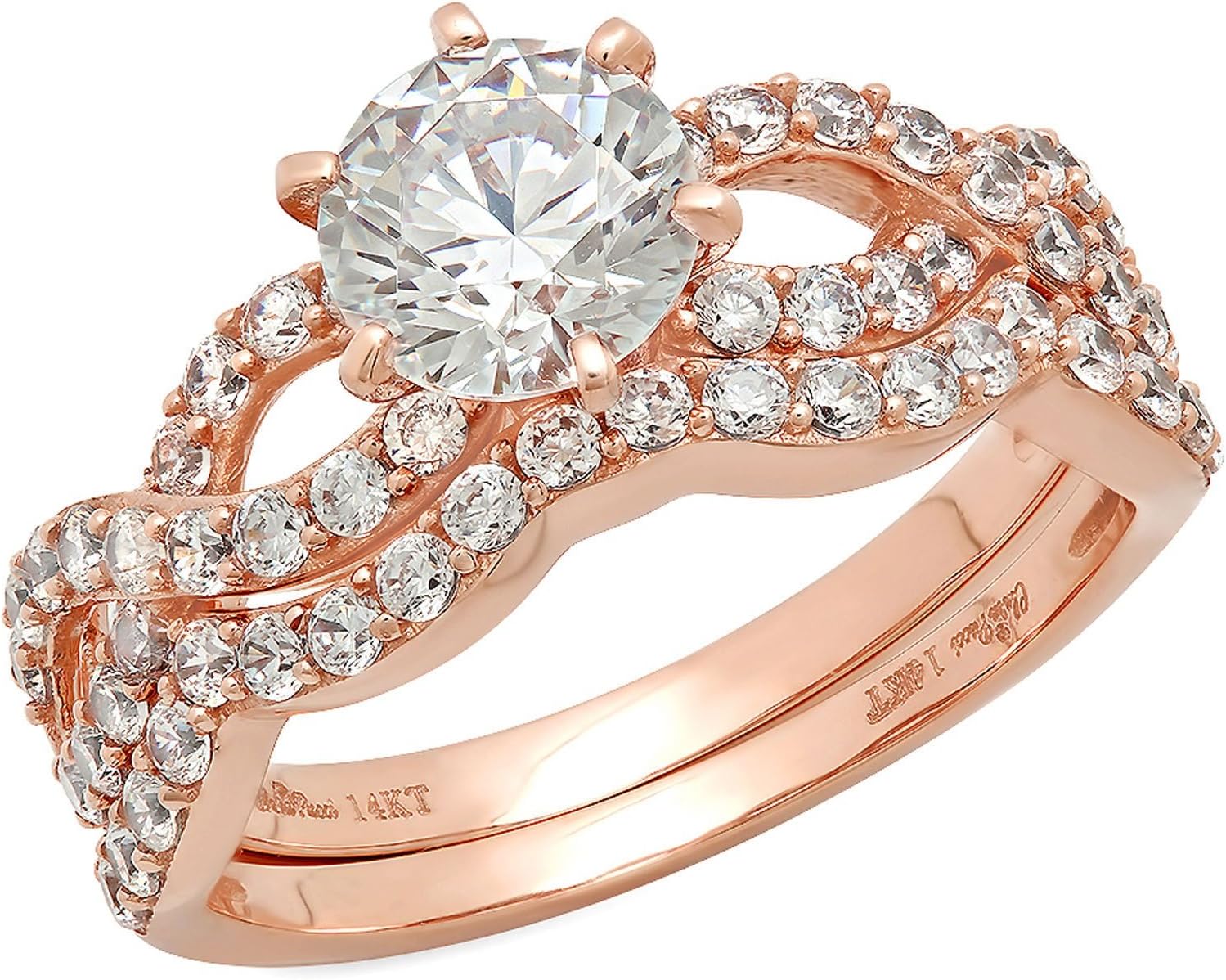 1.55ct Round Cut Halo Pave Solitaire Split Shank Accent Genuine Moissanite & Simulated Diamond Engagement Promise Statement Anniversary Bridal Wedding Ring Curved Band set 14k Rose Gold