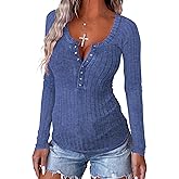 APOFER Women's Long Sleeve Tunics Lightweight Ribbed Knit Blouse Scoop Neck Tops Snap Button Slim Fit Casual Henley Shirt