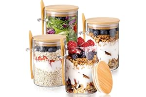 POLCANUR Glass Overnight Oats Jar, 4 Pack Containers with Bamboo Lids and Spoons, 18 OZ Glass with Clear Food Storage Jar for
