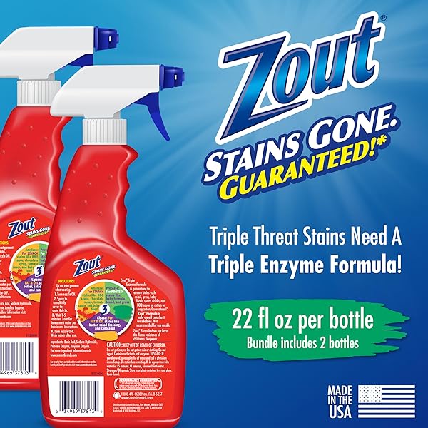 ZOUT LAUNDRY STAIN REMOVER SPRAY, TRIPLE ENZYME FORMULA REMOVES THE TOUGHEST STAINS, MADE IN THE USA, 22 OUNCE BOTTLES, 2-PACK