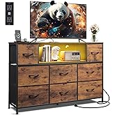 WLIVE Dresser TV Stand for 45, 50, 55 inch TV, Entertainment Center with LED Lights & Charging Station, Chest of Drawers with 8 Fabric Drawers and Open Shelves for Living Room, Hallway, Rustic Brown