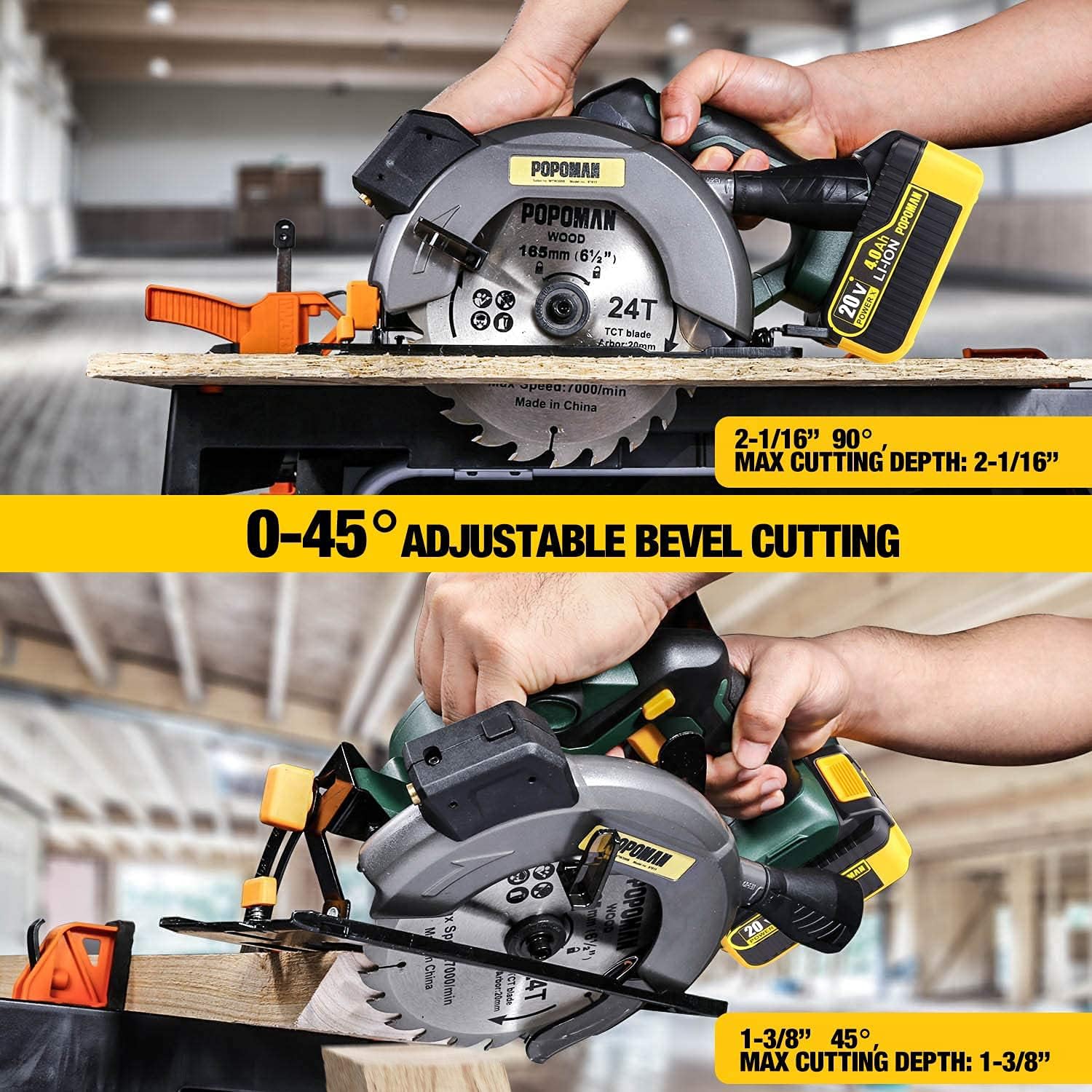 POPOMAN Cordless Circular Saw, 4300 RPM, 20V 4.0Ah Battery, Fast Charger, 2 x Blade(6-1/2"), Adjustable Cutting Depth 2-1/16"(90°), 1-3/8"(45°), Laser & Base Plate Adjustable - MTW300B - - 