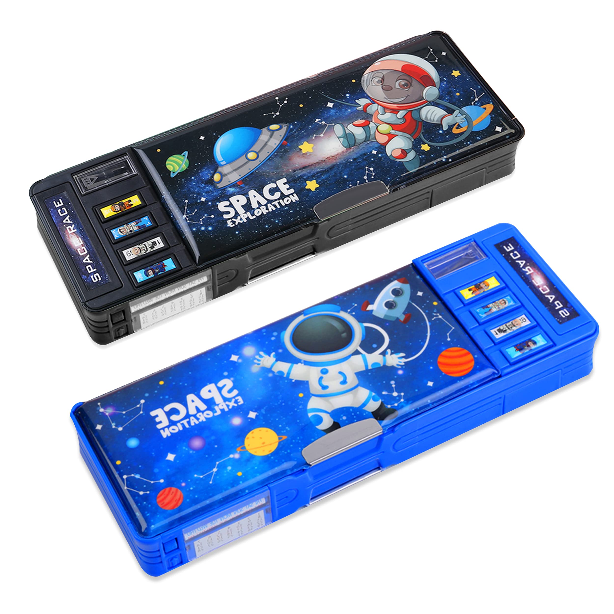 Photo 1 of ?2Pack?Pop Up Multifunction Pencil Case for Girls and Boys(NO LOCK), Cute Cartoon Pen Box Organizer With Sharpener, Schedule, Whiteboard, School Supplies, Best Gifts for Kids(Blue+Black)