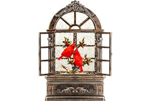 Priddop Cardinal Snow Globe Christmas Decorations Gifts Arched Window Shape USB/Battery Timer Music Glitter Snowfall Lantern Cardinal Decor 9 inch