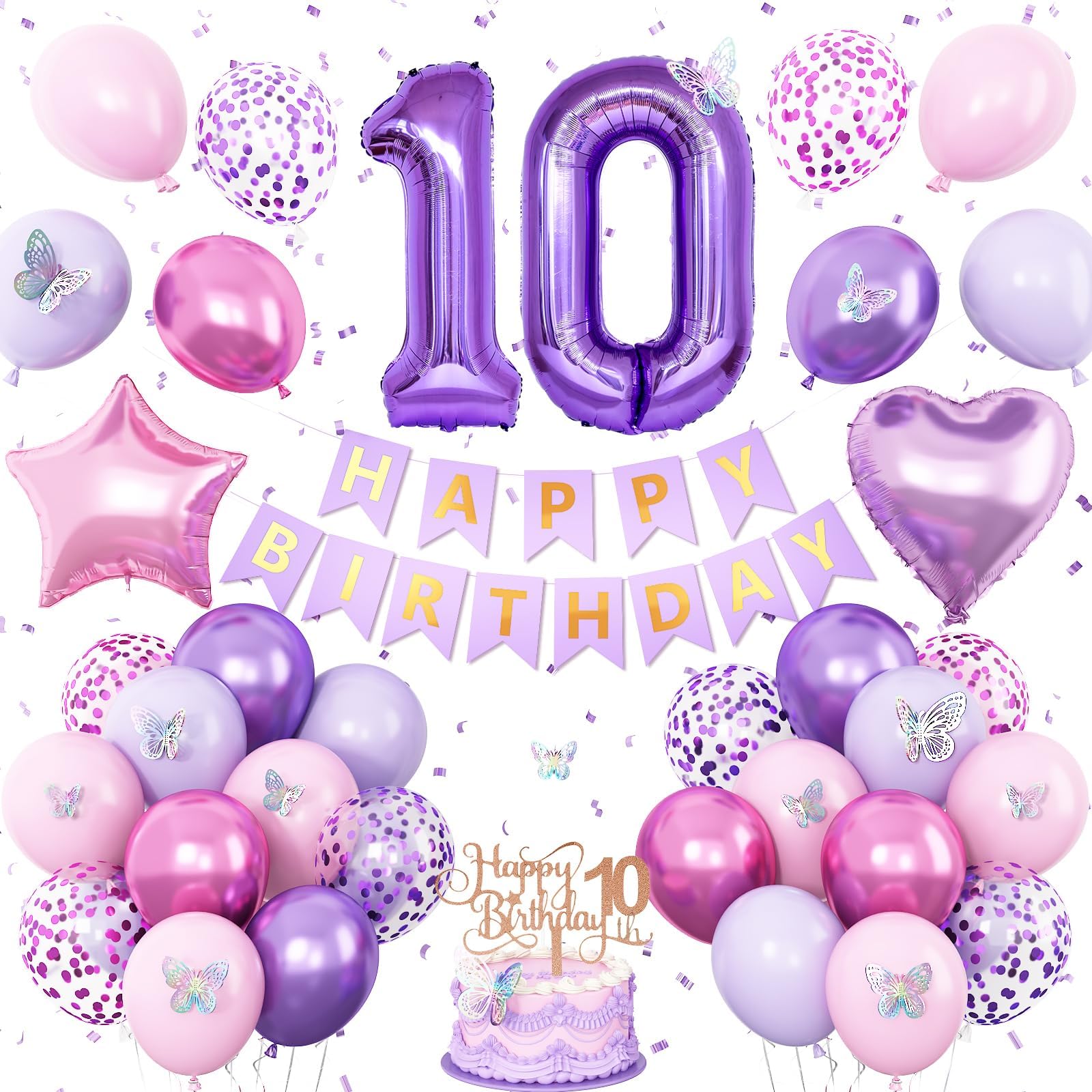 Photo 1 of 10th Birthday Decorations for Girl,Pink Purple 10th Butterfly Birthday Decorations 10th Birthday Balloons Pink Purple Birthday Banner Number 10 Balloons Cake Topper Butterfly Party Supplies for Girls