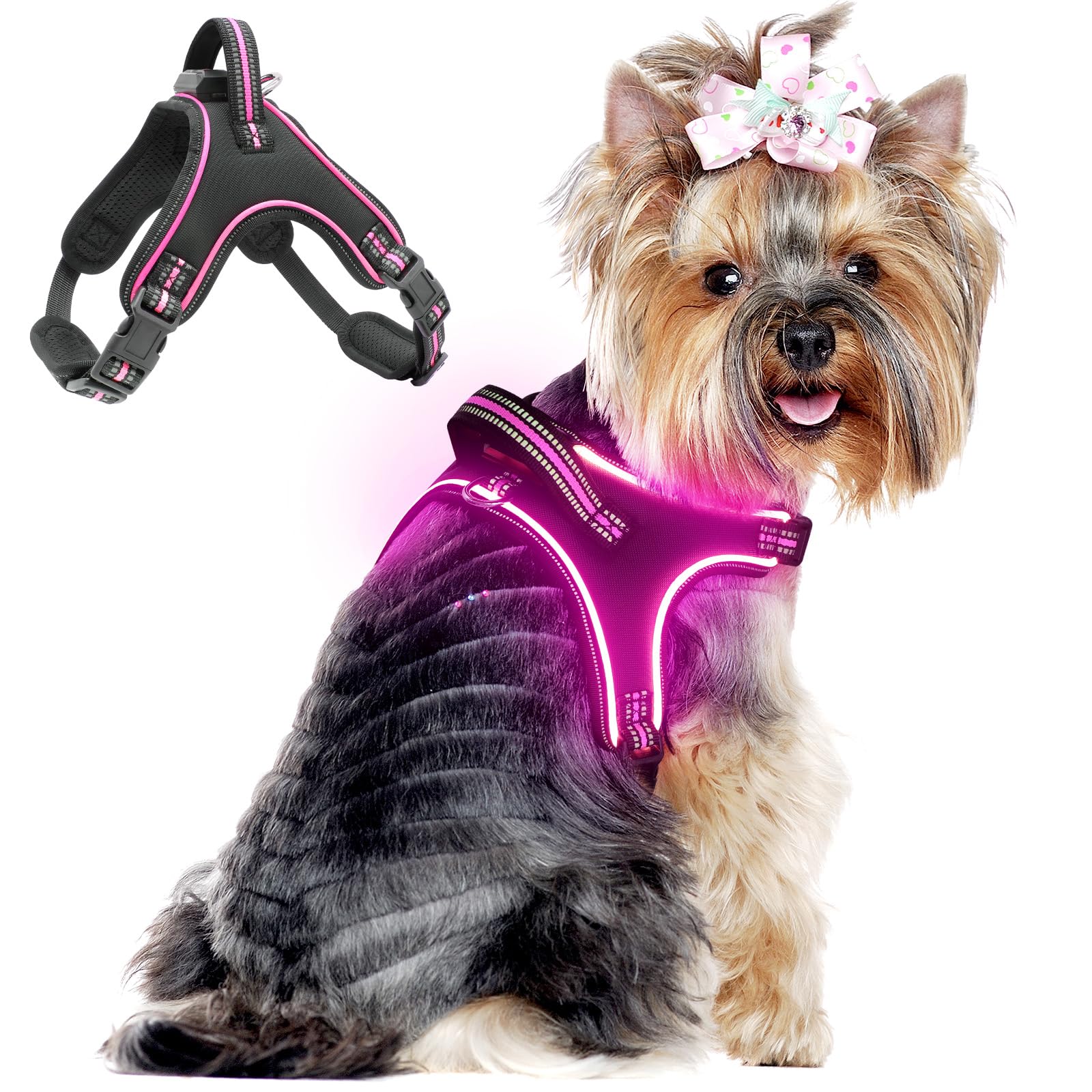 Light Up Dog Harness No Pull LED Dog Harness with Handle Rechargeable Rainproof Pet Harness for Night Walking Glowing Dog Vest Harness for Small Medium Large X-Large Dogs (Pink, S)