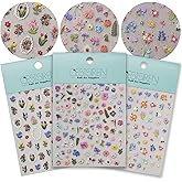 CESTSIREN Colorful Floral Nail Art Stickers, Summer Spring Flower Nail Decals, Self-Adhesive, Nail Accessories for Women, Nail Decorations 3 Sheets