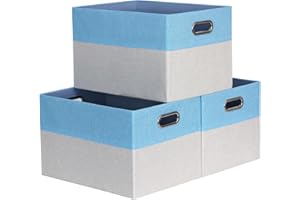 BinWhiz Storage Bins for Shelves, 15x11x9.5 inch Fabric Home Decor Organizer Baskets, Collapsible Closet Clothes Organizing Bins, 3 Pack, Blue & Beige
