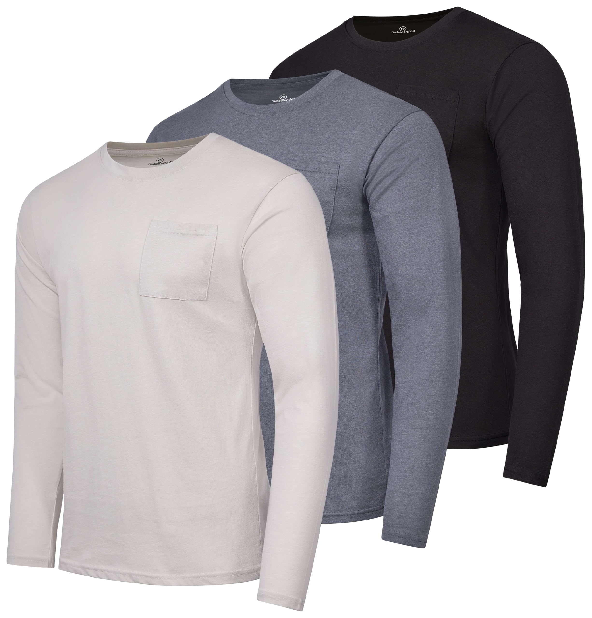 Photo 1 of ***Missing one shirt*** Real Essentials 3 Pack: Men's Cotton Performance Long Sleeve Crew Neck Pocket T-Shirt Athletic Top (Available in Big & Tall)- Set 7, M