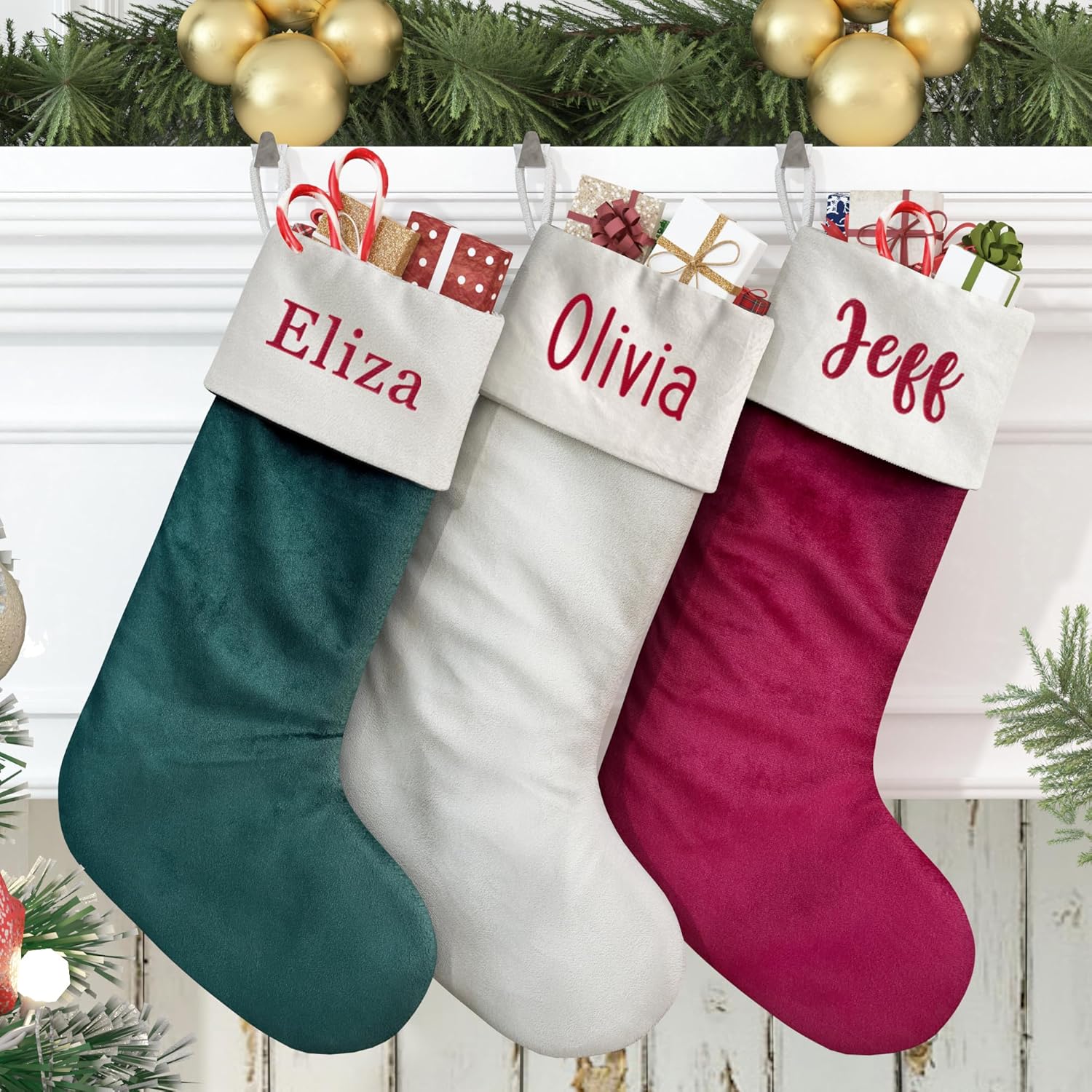 Stockings & Holders - SOUL MAMA Personalized Christmas Stockings with Names 18 Inch - Premium Suede Personalized Stockings for Christmas | Red, Green, Navy, Pink and White Xmas Custom Stockings for Kids 1 Pc