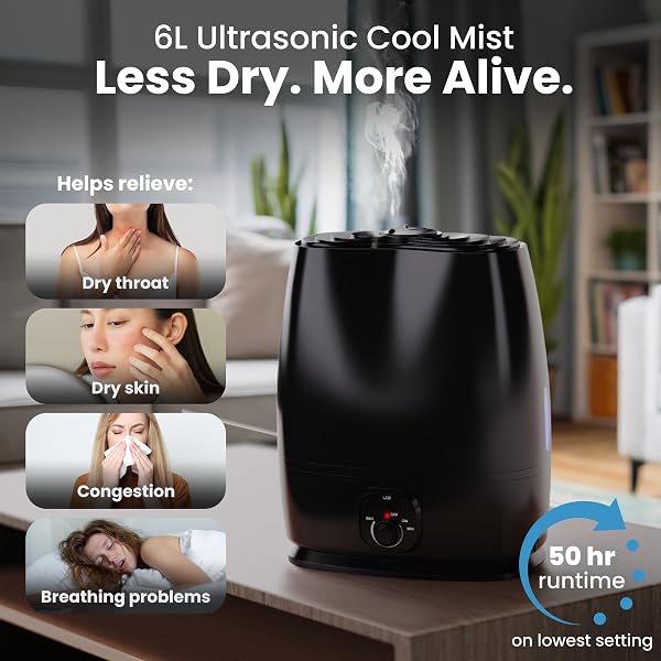 EVERLASTING COMFORT 6L HUMIDIFIERS FOR BEDROOM, QUIET 50HR RUNTIME NO-FILTER SUPERSIZED COOL MIST HUMIDIFIER LARGE ROOM FOR WHOLE HOUSE, PLANTS, BABY NURSERY, ALLERGIES, DRY SKIN, CONGESTION, INDOOR