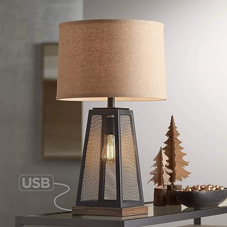 Barris Industrial Artisan Table Lamp With Nightlight Led Usb Charging Port Metal Mesh Base Burlap Shade For Living Room Bedroom Bedside Nightstand Office Franklin Iron Works Amazon Com