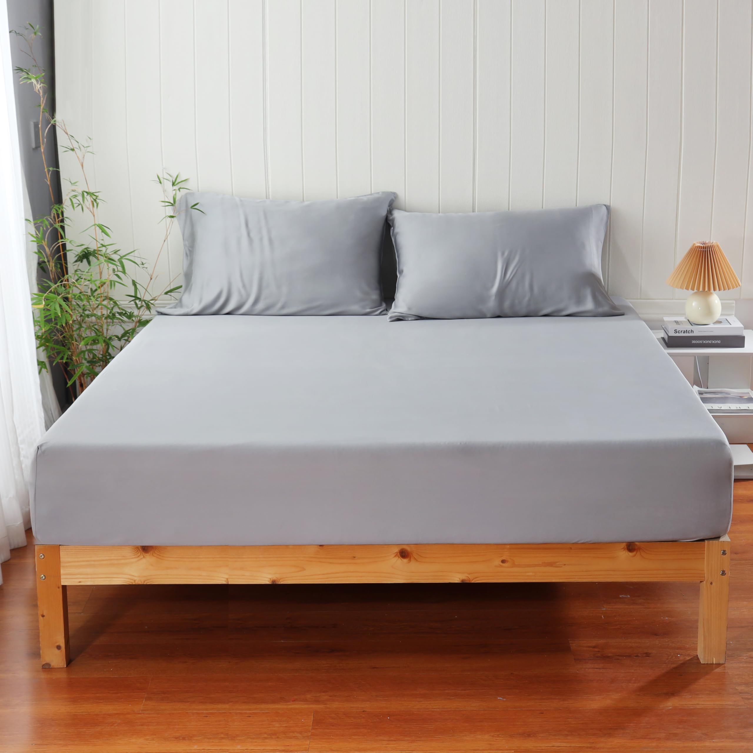 Photo 1 of 100% Viscose Derived from Bamboo Fitted Sheet Set 3 Piece - 2 Pillowcase 1 Fitted Sheet with 16" Deep Pocket, Hotel Luxury Silky Bedding, Ultra Soft, Cooling for Hot Sleepers(Gray Full)