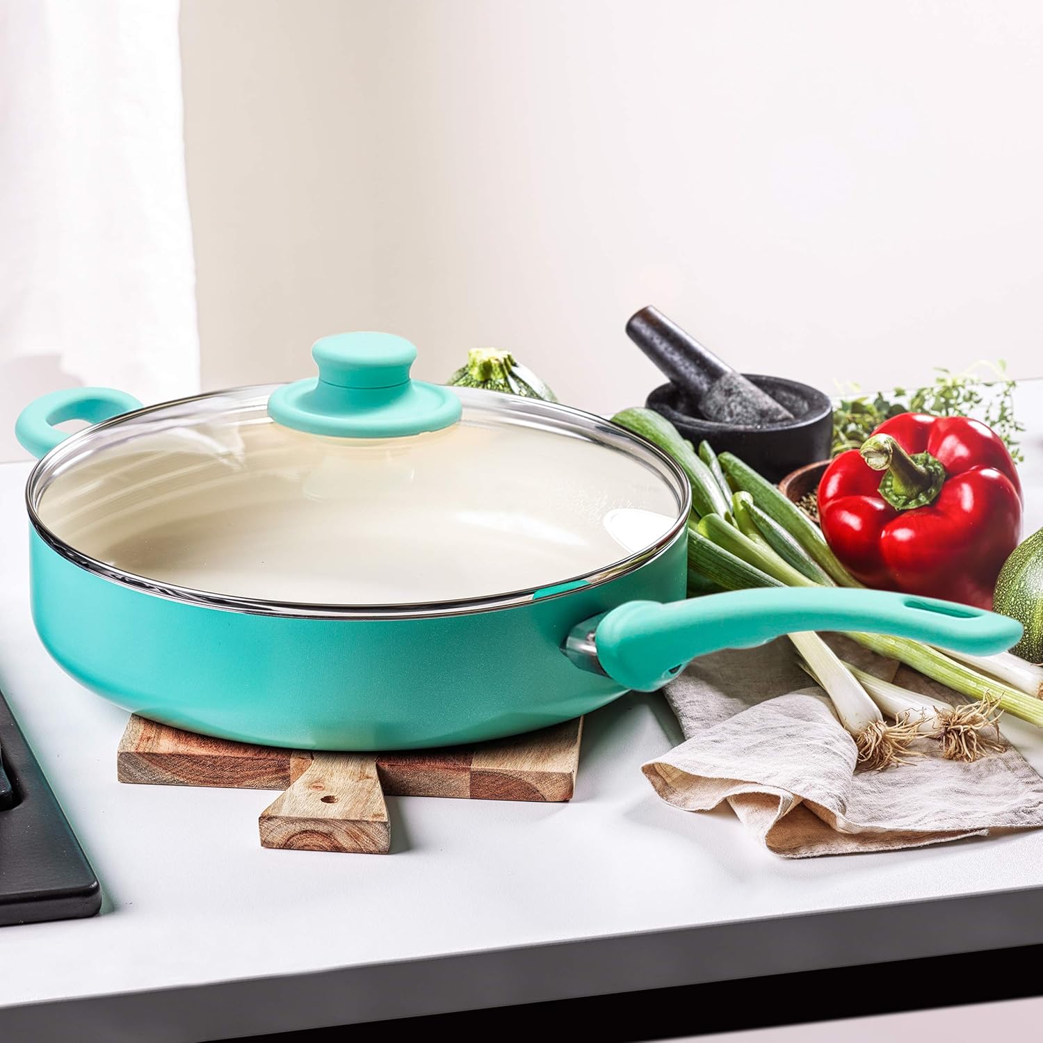GreenLife Soft Grip 12" Ceramic Non-Stick Covered Jumbo Sauté Pan, Turquoise: Kitchen & Dining