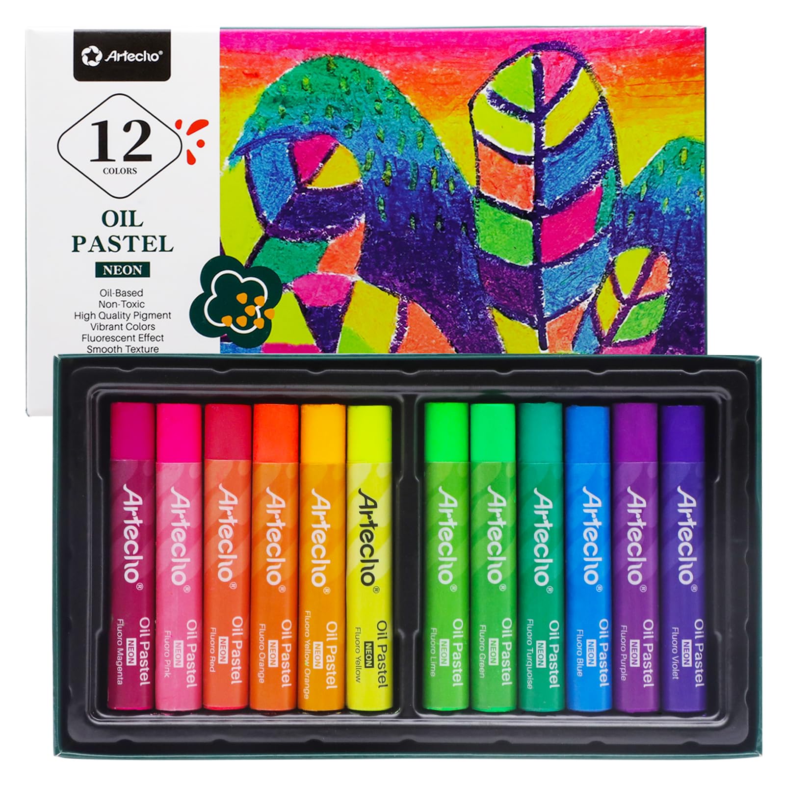 Artecho Neon Oil Pastels Set, Soft Oil Pastels for Art Painting, Drawing, Blending,Neon Oil Crayons Pastels Art Supplies for Artists, Beginners, Students, Teachers