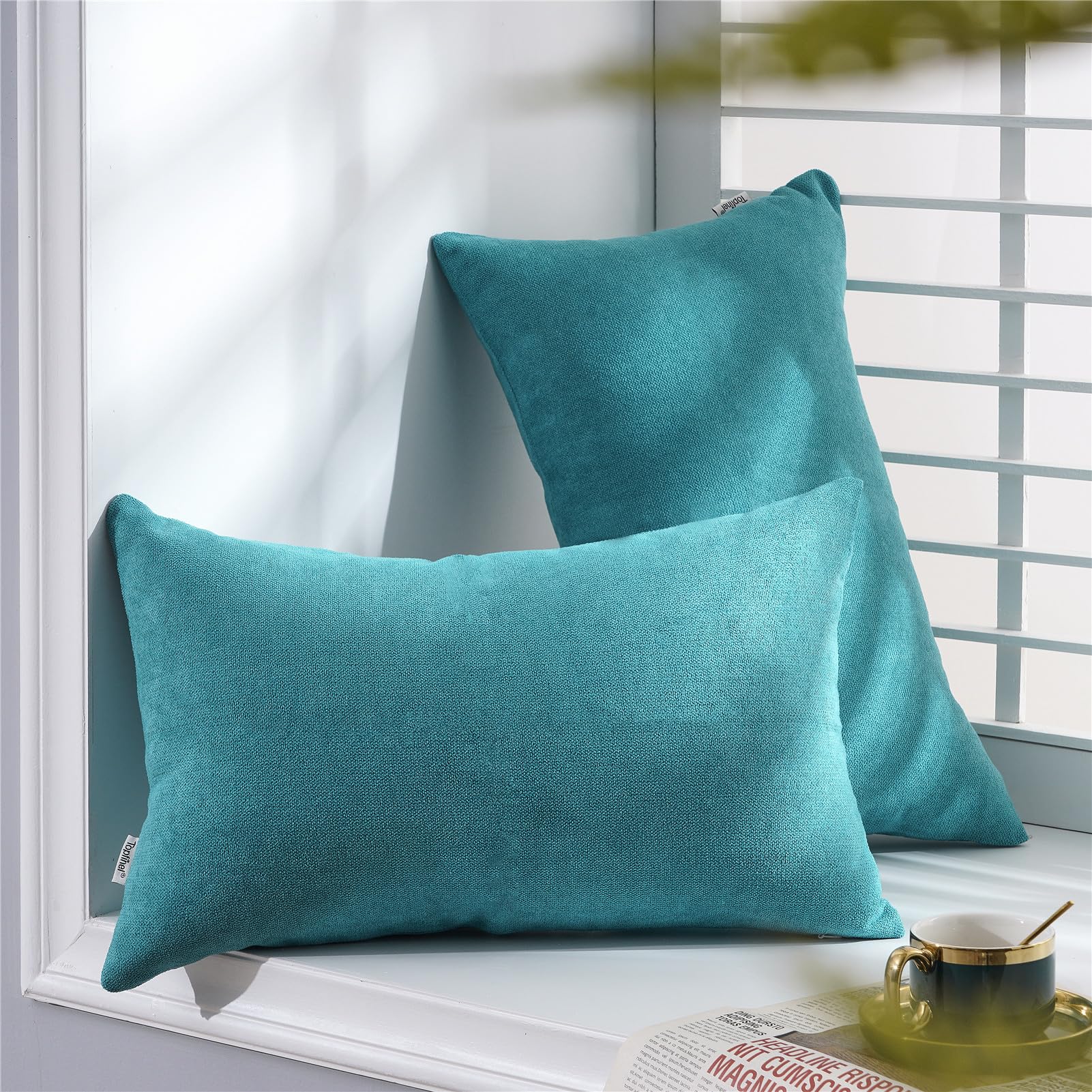 Topfinel Teal Cushion Covers 30cm x 50cm Chenille Pillow Cover Soft Square Plain Decorative 12x20 Inches Throw Pillowcases for Sofa Bed Bedroom livingroom with Invisible Zipper Set of 2