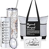 Patelai 3 Pcs Physical Therapist Appreciation Gift Set 20 oz Stainless Steel Tumbler with Straw Brush Canvas Cosmetic Bag Tote Bag for Staff Colleagues World Physical Therapist Day(Silver Gray)