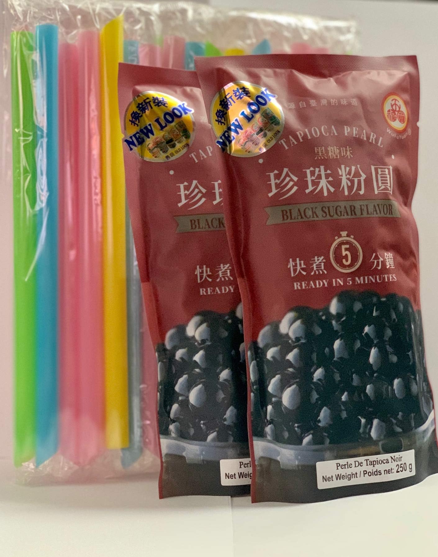 WuFuYuan Boba Black Tapioca Pearl Bubble Tea, 2 Pack (Each 8.8 OZ) + 1 Pack of 50 Boba Straws (Variety Color)